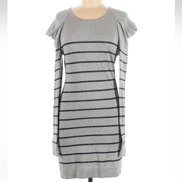 Bebe Metallic Gray Shimmer Sweater Dress Navy Stripe Size Medium M Y2K - Picture 1 of 6